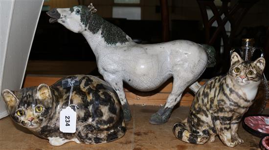 2 pottery cats & a horse